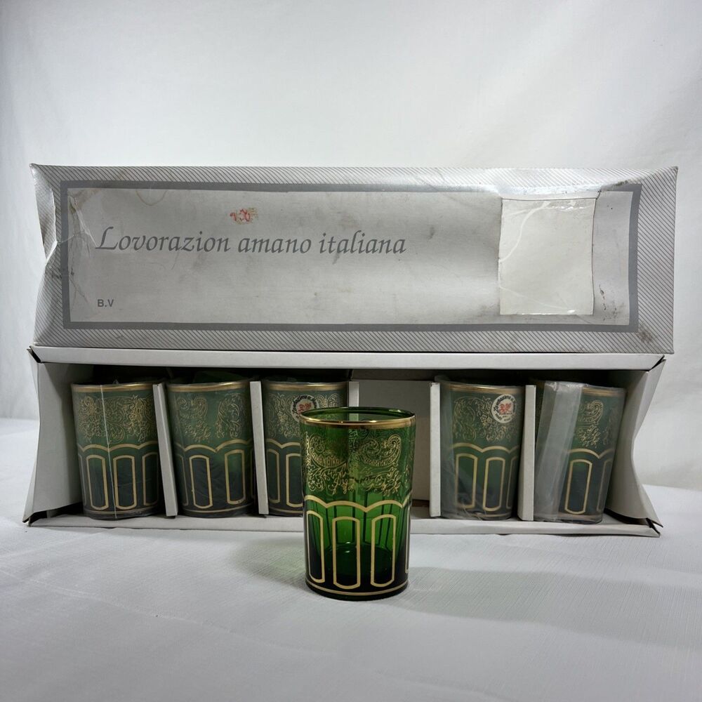 Vintage - 6 Emerald Green Moroccan Tea Glass Set • Gold Filigree - NEW